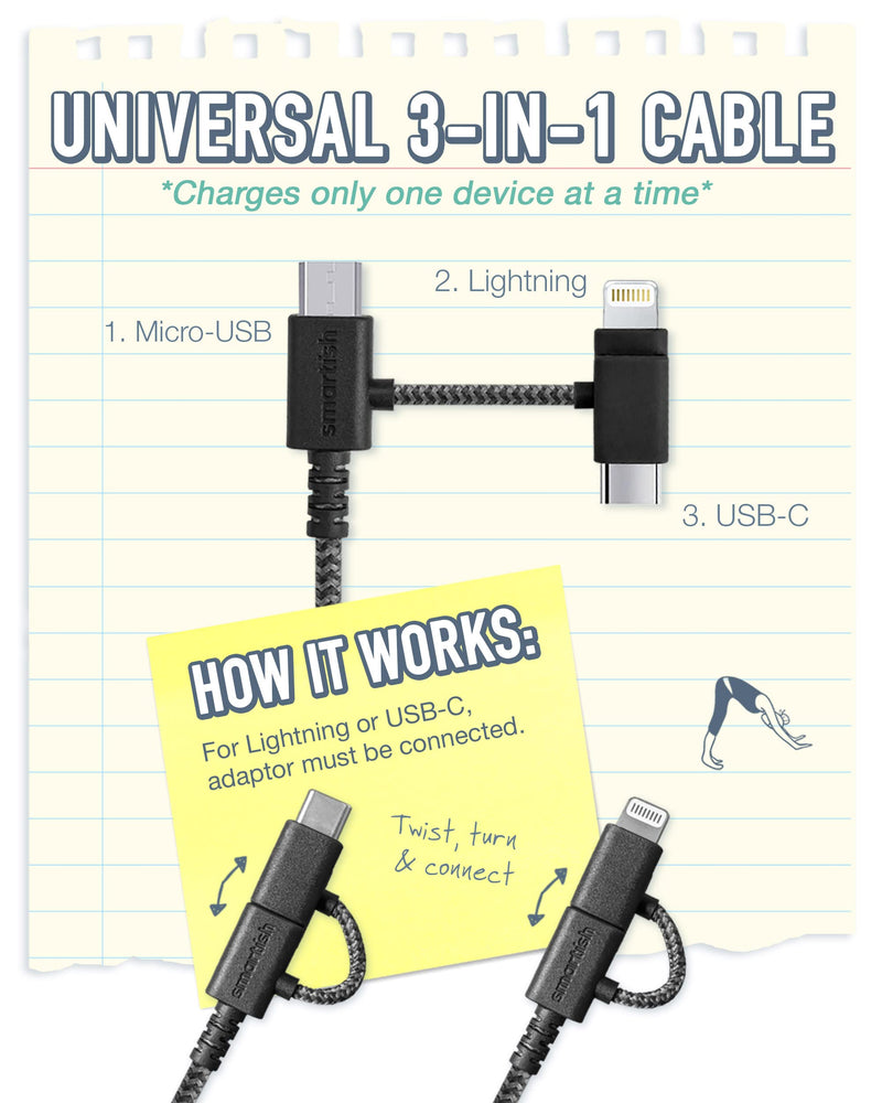 [Australia - AusPower] - Smartish 3-in-1 Universal Fast Fabric Wrapped 6ft Charging Cable - Crown Joule [Micro USB w/Lightning & USB-C Adapters] Apple MFi Certified for iPhone/iPad/Airpods & Android Phones - No.2 Pencil Gray Universal (3-in-1) to USB-A No. 2 Pencil Gray 