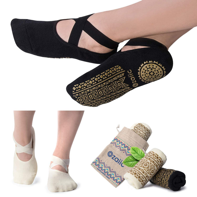 [Australia - AusPower] - Ozaiic Yoga Socks for Women Non-Slip Grips & Straps, Ideal for Pilates, Pure Barre, Ballet, Dance, Barefoot Workout 2 Pairs- Black/ Beige（1st Anniversary Edition） 