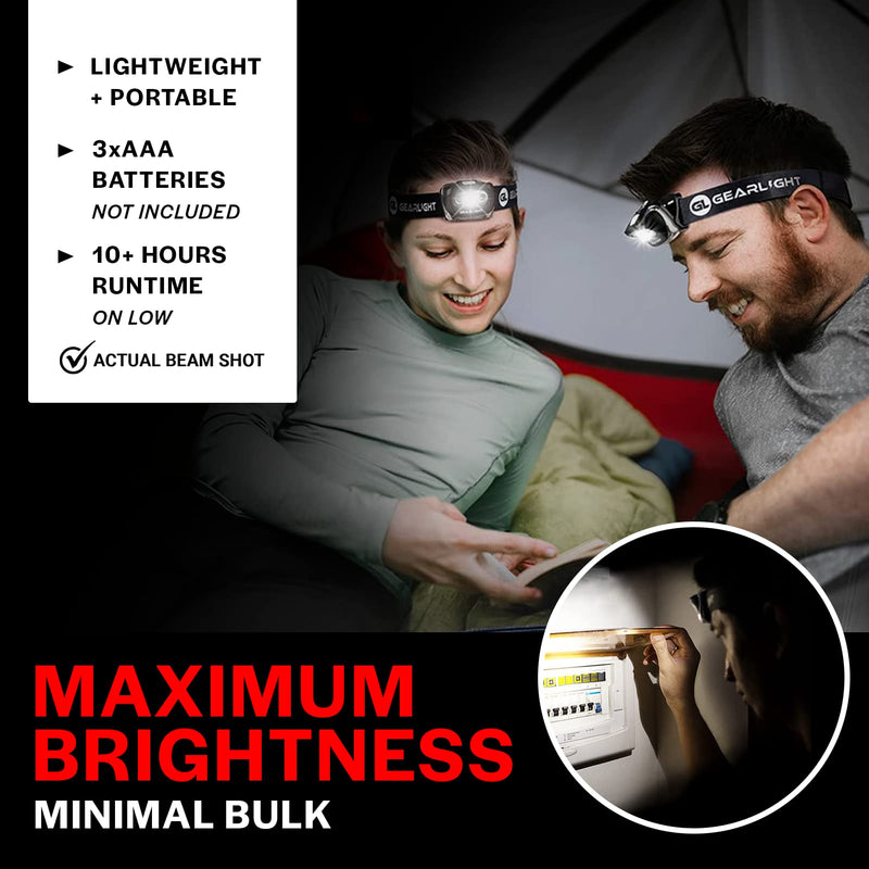 [Australia - AusPower] - GearLight LED Head Lamp - Pack of 2 Outdoor Flashlight Headlamps w/ Adjustable Headband for Adults and Kids - Hiking & Camping Gear Essentials - S500﻿ White, Black 