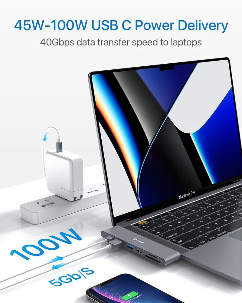 [Australia - AusPower] - andobil 7-2 USB C Hub Adapters for MacBook (Top Intelligent Chip) Mac Dongle for MacBook Pro Air 13 15 inch M1 2022/2021-2018 with 4K HDMI, 100W PD, 40Gbps TB3 5K@60Hz, USB-C, 2 USB 3.0, SD/MicroSD The Space Grey 