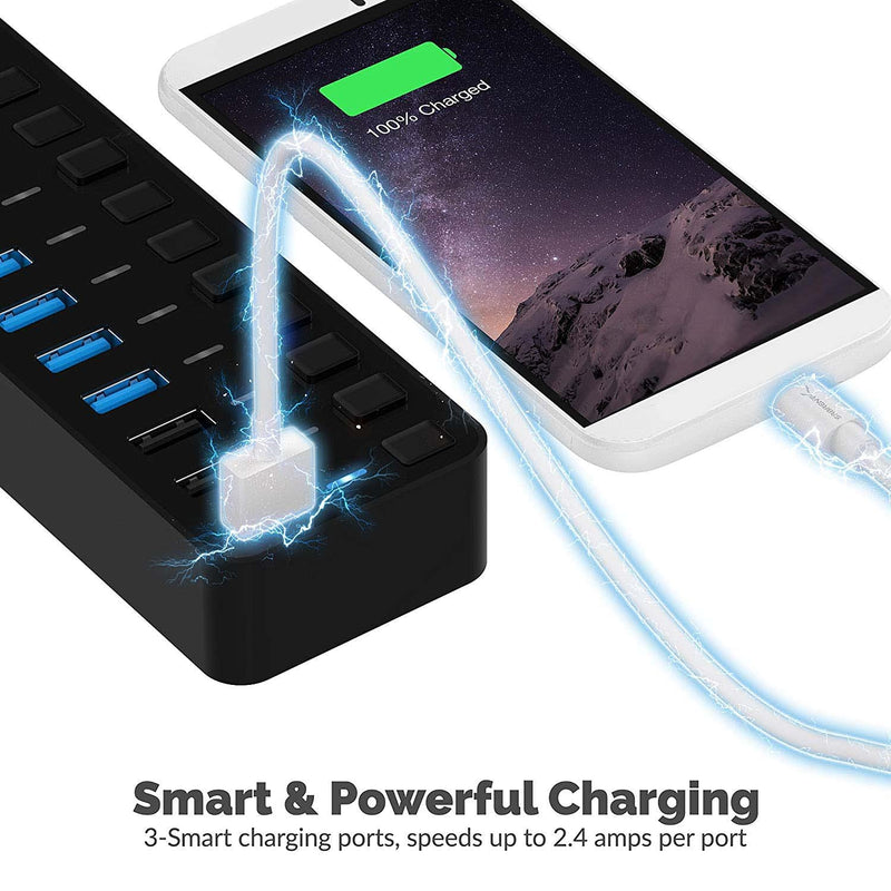 [Australia - AusPower] - SABRENT 60W 10-Port USB 3.0 Hub Includes 3 Smart Charging Ports with Individual Power Switches and LEDs and 60W 12V/5A Power Adapter (HB-B7C3) 7 + 3 Charging Ports 