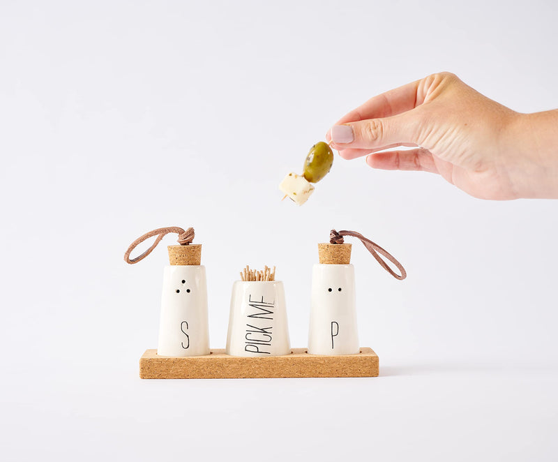 [Australia - AusPower] - Mud Pie, Off-White Salt, Pepper & Toothpick Holder, Size: tray 2" x 6" | shakers 2 3/4" x 1 1/2" dia 