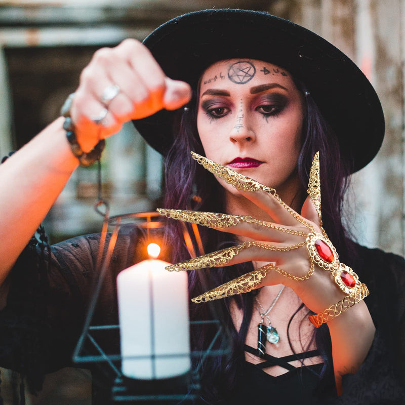 [Australia - AusPower] - CROWN GUIDE Women's Belly Dancer Costumes Gypsy Egyptian Queen Costume Accessories Bangles with Finger Claws Goth Nails Indian Hand Jewelry Set Gold 