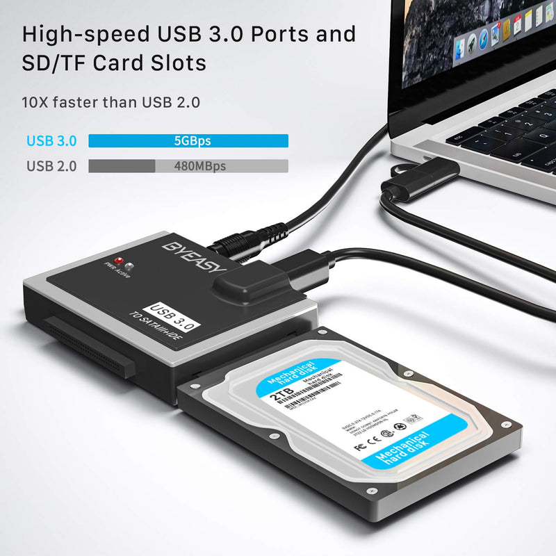 [Australia - AusPower] - BYEASY SATA/IDE to USB 3.0 Adapter, USB-A and USB-C Plugs Hard Drive Adapter for Universal 2.5"/3.5" Inch IDE and SATA External HDD/SSD with 12V 2A Adapter, Support 12TB for Windows and Mac OS HD02 