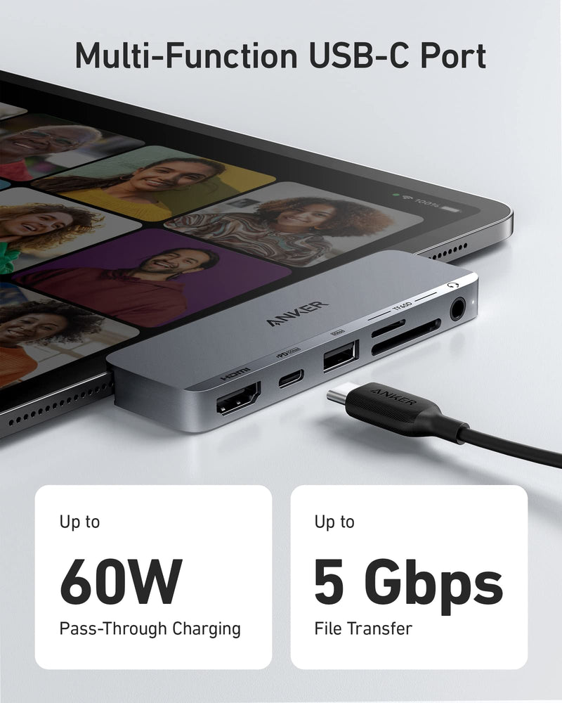 [Australia - AusPower] - Anker USB C Hub for iPad, 541 USB-C Hub (6-in-1), with 4K HDMI Port, Multi-Function USB-C Port, USB-A Data Port, SD and microSD Card Slots, and 3.5 mm Audio Jack (Gray) Grey 