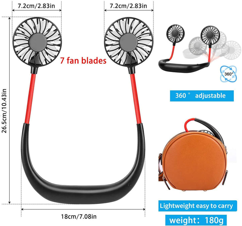 [Australia - AusPower] - RJVW Portable Neck Fan, Hand Free Personal Hanging Neck Sports Fan USB Rechargeable (3 Speed Adjustable) Wearable Cooling Head Fan,360 Degree Free Rotation for Traveling, Sports, Office, Reading Black red 
