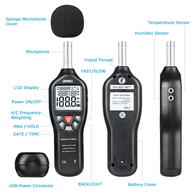[Australia - AusPower] - URPRO Electronics Decibel Meter, Digital Sound Level Meter 30 – 130 dB Audio Noise Measure Device Backlight Display 