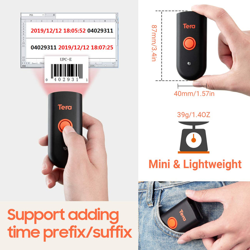 [Australia - AusPower] - Tera Wireless Barcode Scanner, Waterproof Shockproof Mini Pocket 2D Scanner, 3-in-1 Bluetooth 5.0 & USB Wired & 2.4G Bar Code Reader Portable 2D QR Image Scanner Work with iOS, Windows, Android 1100D 