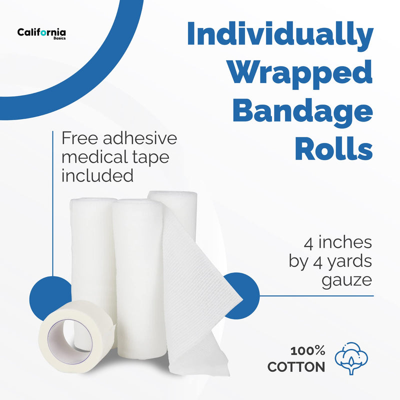 [Australia - AusPower] - Gauze Bandage Roll with Tape (Pack of 48) - 4 Inch by 4 Yards Rolled Gauze Wrap - White Gauze Rolls - Breathable Gauze Wrap Used for First Aid Wound Care & Medical Supplies 4 Inch 48 Pack 