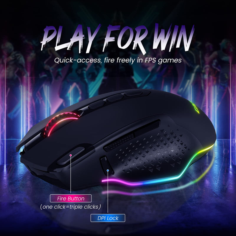 [Australia - AusPower] - CACKBIRD CA282 Wireless Gaming Mouse, 9 RGB Backlit Modes,10000 DPI, 10 Programmable Buttons Fire Button, Type-C Rechargeable Gaming Mouse for PC Gamers Computer Laptop Desktop Chromebook Mac, Black 