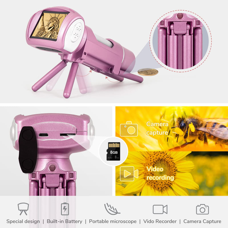 [Australia - AusPower] - Andonstar AD012 Handheld Digital Microscope Camera for Kids,with LCD Screen 50x-300x USB Microscope for Birthday Gifts,with 8G SD Card (Pink) 