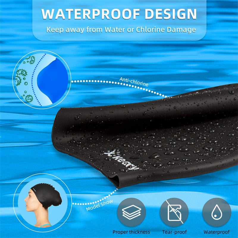 [Australia - AusPower] - Keary 2 Pack Updated Silicone Swim Cap for Long Hair Women Girl Waterproof Bathing Pool Swimming Cap Cover Ears to Keep Your Hair Dry, 3D Soft Stretchable Durable and Anti-Slip, Easy to Put On and Off 