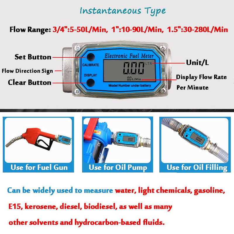 [Australia - AusPower] - Turbine Flow Meter Electronic 3/4" 3/4 inch 10-100L/Min Oil Flowmeter Kerosene Gas Methanol Diesel Fuel Flow Digital Meter Oval Gear Gauge LCD BSPT/NPT with Battery 