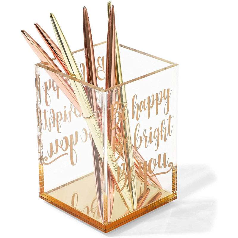 [Australia - AusPower] - Gold and Clear Acrylic Pen Holder with Inspirational Quotes (2.95 x 4.45 In) 
