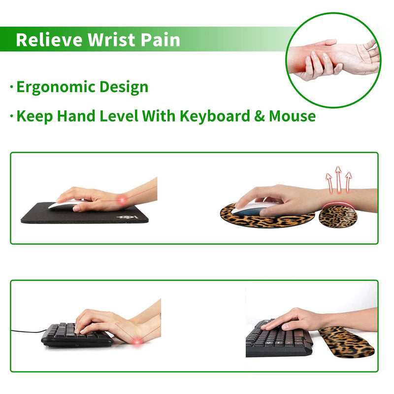 [Australia - AusPower] - Ergonomic Keyboard Wrist Rests Gel Memory Foam Mouse Pad with Round Mousepad + Coasters, Wrist Support Set with Non Slip Base for Gaming Office Laptop Easy Typing & Pain Relief, Leopard Print 