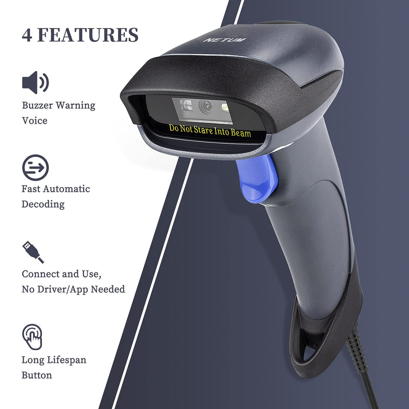 [Australia - AusPower] - NETUM 2D Barcode Scanner with Stand USB 2.0 Wired Barcode Imager Automatic Barcode Reader Handhold Scanner Gun with USB Cable for Laptops, Computers, Cashier, POS 