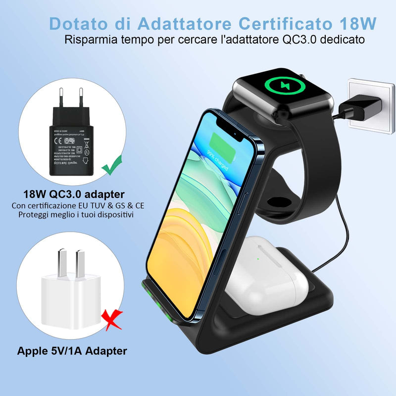 [Australia - AusPower] - Wireless Charging Station 3 in 1,18W Charger Docking Stand for Apple iPhone 13/13 Pro Max/12/12 Pro Max/11/XS/XR/X/8,iWatch 7/6/5/4/3/2/SE,AirPods Pro/3, Qi-Certified(with QC3.0 Adapter) black 