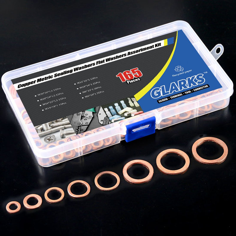 [Australia - AusPower] - Glarks 165Pcs Metric Flat Ring Copper Sealing Washers Assortment Set - 8 Sizes of M6 M8 M10 M12 M14 M16 M18 M20 