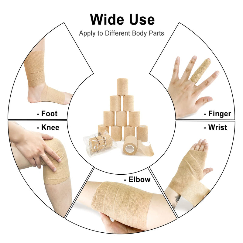 [Australia - AusPower] - Self Adhesive Bandage Wrap(12 Pack, 3 Inch x 5 Yards), First Aid Medical Cohesive Bandage Tape, Breathable Elastic Sports Athletic Tape Wrap for Ankle, Wrist, Knee, Foot Sprains & Swelling(Tan)… Brown (Pack of 12) 