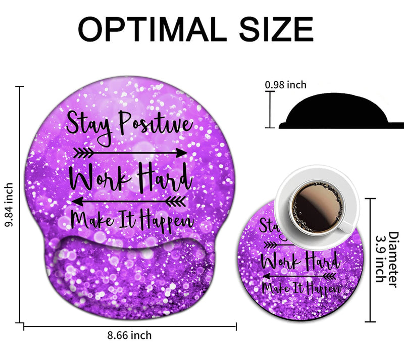 [Australia - AusPower] - Mouse Pad with Wrist Support Gel Ergonomic Mouse Pads with Rest Support Mouse Pad for Home Office Working Pain Relief + Coaster, Stay Positive Work Hard and Make It Happen Purple Glitter Yu-mouse Pad-2-h24 