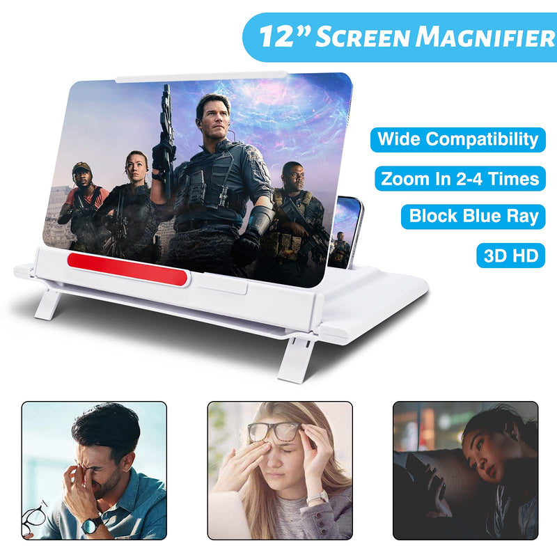 [Australia - AusPower] - 12 inch Foldable Rotatable Vertical Phone Screen Magnisfier, HD Screen Amplifier with Stand Holder Portable Anti-Radiation Eye-Protector Movie Video Enlarger 3D Movies Thin Phone Projector Gift-White White 