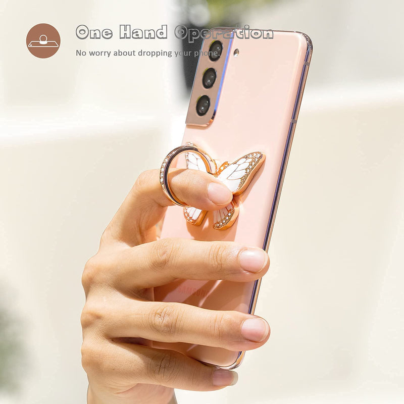 [Australia - AusPower] - Cell Phone Ring Holder Stand with Crystal Stone and Enamel Process, Butterfly 360° Rotation Finger Kickstand Metal Back Stand Hand Grip with Knob Loop Compatible with Smartphone (Gold Pearl White) 