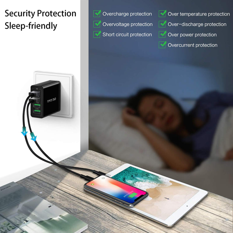 [Australia - AusPower] - Fast 3.0 Wall Charger, 3-Pack iSeekerKit 4 Ports USB Wall Charger Adapter Fast USB Charging Block Compatible Wireless Charger, Samsung Galaxy S9/S8 Note 8/9, iPhone, Pad, Tablet and More-Black Black 