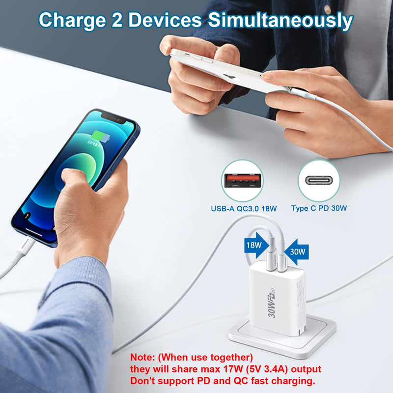 [Australia - AusPower] - USB Wall Charger for iPhone, Upgraded 30W Dual Port Fast Charger Block, Foldable Plug Wall Type C Charger for iPhone 13/12/11 Pro Max Mini iPad Watch Switch MacBook Air Google Pixel 6 Samsung Galaxy White 