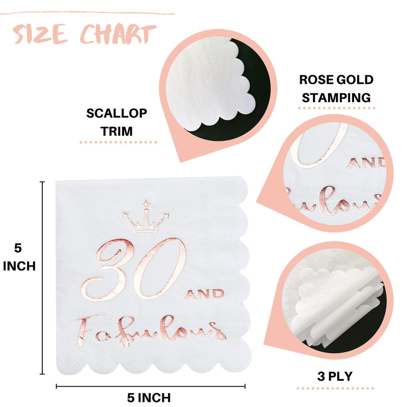 [Australia - AusPower] - 30 and Fabulous Cocktail Napkins Rose Gold - Happy 30th Birthday Decorations, Folded 5x5 Inches Disposable Party Napkins, 3-Ply Paper Beverage Napkins 30th Birthday Napkins Wedding Anniversary (50PK) 30 and Fabulous 