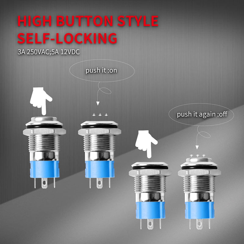 [Australia - AusPower] - DaierTek 6Pcs Mini Round Waterproof Push Button Switch 12mm ON Off Latching 1NO Pushbutton Self-Locking with Blue LED 12V 