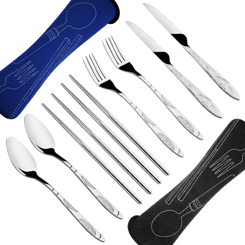 [Australia - AusPower] - SENHAI 8 Pieces Flatware Sets Knife, Fork, Spoon, Chopsticks, 2 Pack Rustproof Stainless Steel Tableware Dinnerware with Carrying Case for Traveling Camping Picnic Working Hiking Dark Blue,Black 