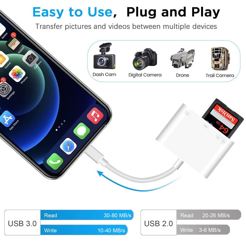[Australia - AusPower] - SD Card Reader for iPhone, USB Camera Adapter 4 in 1 USB Female OTG Adapter Compatible SD/TF Card,  Memory Card Reader Portable USB Adapter for iPhone,Sd Card Adapter with Charging Port, Plug and Play 