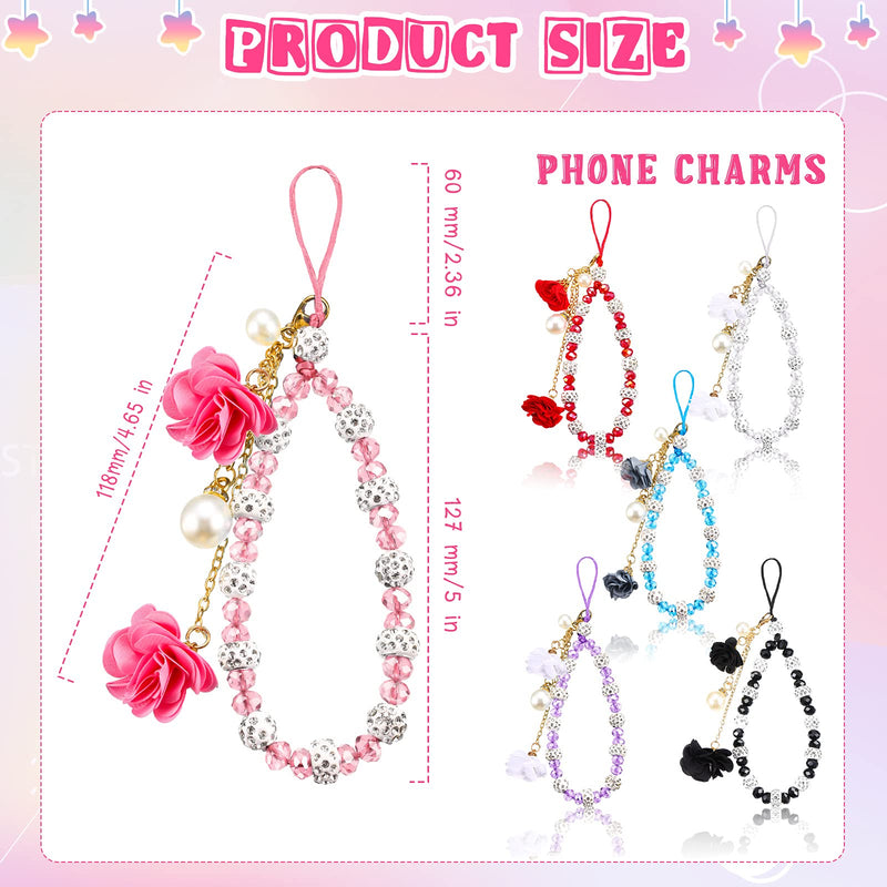 [Australia - AusPower] - 6 Pieces Cell Phone Straps Crystal Flower Pendant Mobile Phone Lanyard Beads Chain Anti-Lost and Non-Slip Mobile Phone Strap Charm for Keychain Camera U Disks Handbag Decoration Accessories 