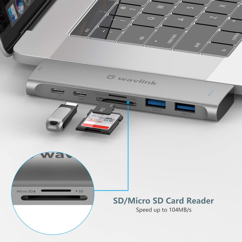 [Australia - AusPower] - WAVLINK USB C Hub Adapter for MacBook Pro 2016-2020/Air 2018-2020, 7-in-2 Type C Hub Mini Docking Station with 4K HDMI, 2 USB 3.0, SD/TF Card Reader, Thunderbolt 3 100W PD Port 