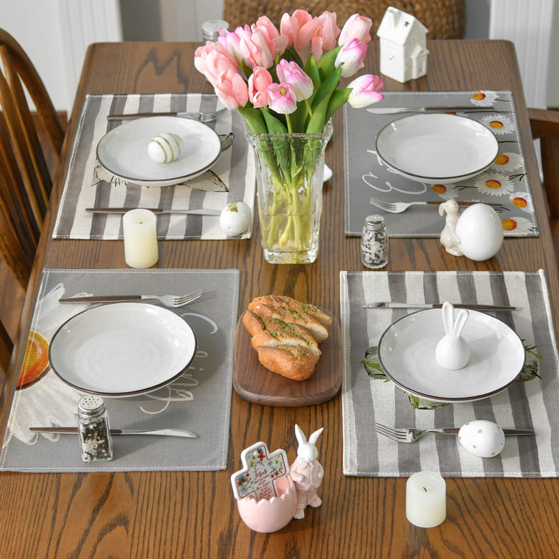 [Australia - AusPower] - Artoid Mode Stripes Easter Blessings Spring Wishes Daisy White Rose Bunny Easter Placemats for Dining Table, 12 x 18 Inch Seasonal Holiday Rustic Vintage Washable Table Mats Set of 4 