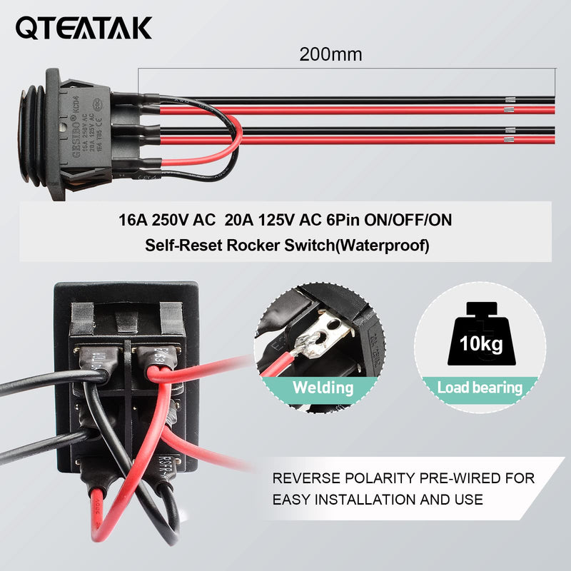 [Australia - AusPower] - QTEATAK DC 12V 10A 6 Pin 3 Position (ON)-Off-(ON) AC 110V-220V Waterproof Momentary Polarity Reverse Switch Motor Control Black Boat Rocker Toggle Switch with Wire KCD4-223-QT 