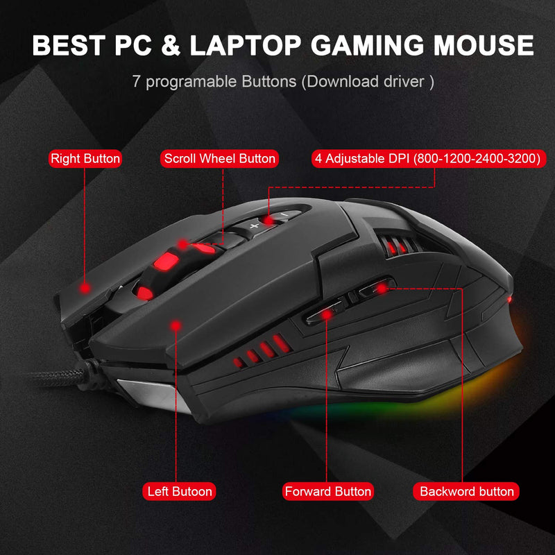 [Australia - AusPower] - Gaming Mouse Wired Programmable 7 Buttons Mice Ergonomic Backlit Breathing Light Mouse with Side Buttons for PC Computer Windows Laptop Gamers 