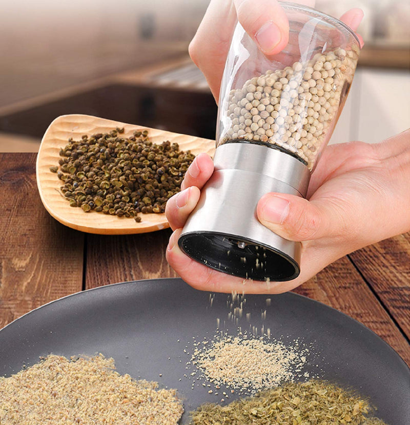 [Australia - AusPower] - LessMo Salt and Pepper Grinder Set with Wooden Standing Tray, Refillable Pepper Mill Set - Brushed Stainless Steel - Short Glass Shakers with Adjustable Coarseness for Peppercorn, Salt or Spice Mill DI 