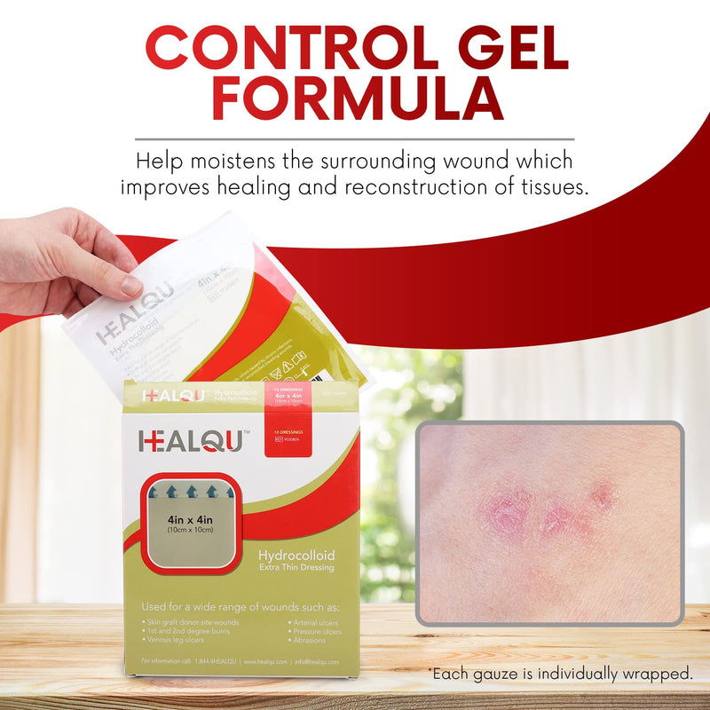 [Australia - AusPower] - Healqu Hydrocolloid Wound Dressing - 4x4" Bordered - Box of 10 Large Bandages - Sterilized Bordered Hydrocolloid Patches for Bed Sores, Abrasions, and More - Waterproof and Absorbent with Protective 
