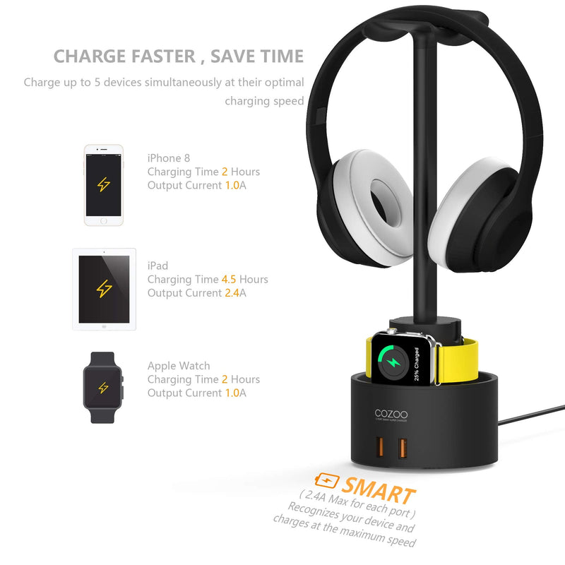 [Australia - AusPower] - Headphone Stand with 5 USB Charger COZOO Desktop Gaming Headset Holder Hanger with 5 USB Charging Station,Watch Stand and Watch Wireless Charging,Accessories for Gaming,DJ,Wireless Earphone Display 