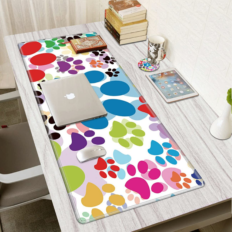 [Australia - AusPower] - Desk Pad, Dog Pawprint Multicolor Laptop Desk Mat,Long Large Gaming Mouse Pad with Stitched Edges Non-Slip Writing Mat Desk Blotter Protector for Office Home (with Coaster & Elephant Sticker) 