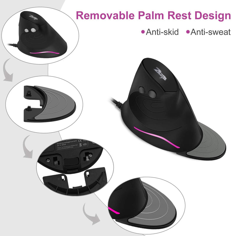 [Australia - AusPower] - TRELC Vertical Ergonomic Optical Mouse with 6 Programmable Buttons, 800-3200 DPI, Removable Palm Rest & Thumb Buttons, Reduces Wrist Pain, RGB Vertical Mice Wired for PC, Desktop, Laptop (Wired) 