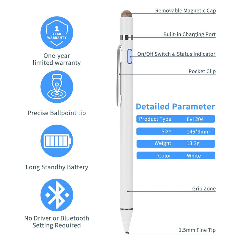 [Australia - AusPower] - 2-in-1 Active Stylus Digital Pen with 1.5mm Ultra Fine Tip for iPad iPhone Samsung Tablets, Work on Touchscreen Phones and Tablets,Good at Drawing and Writing, White 