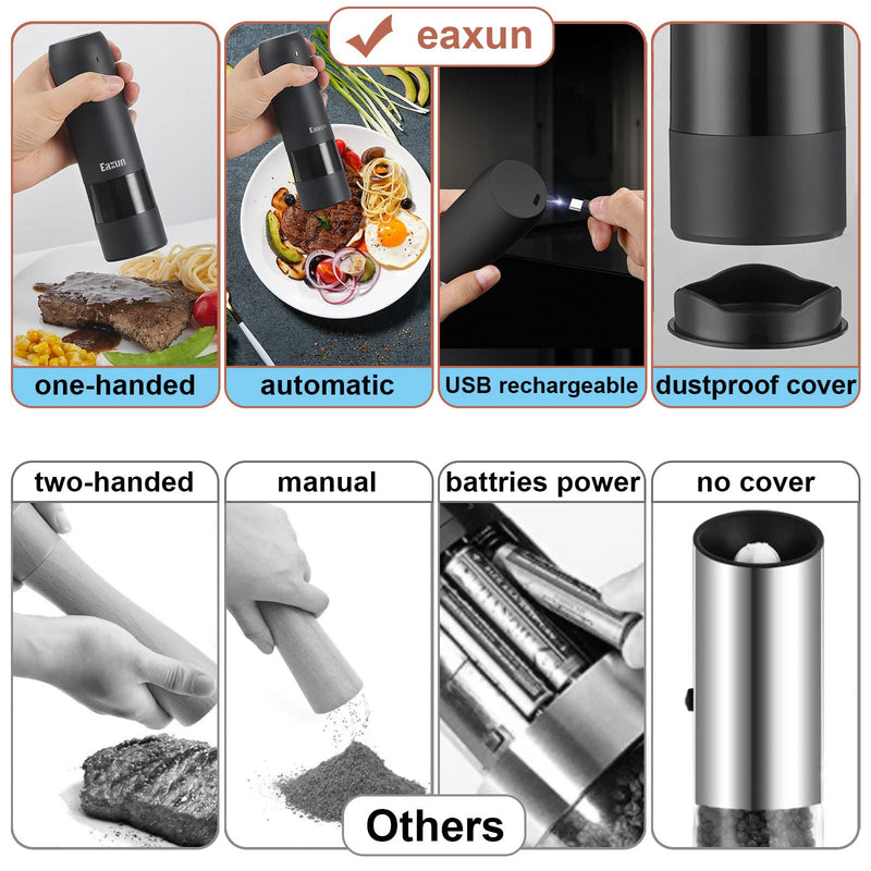 [Australia - AusPower] - Electric Salt and Pepper Grinder, USB Rechargeable Automatic Black Pepper Mill, Refillable & Adjustable Coarseness Sea Salt Peppercorn Grinder with LED Light 