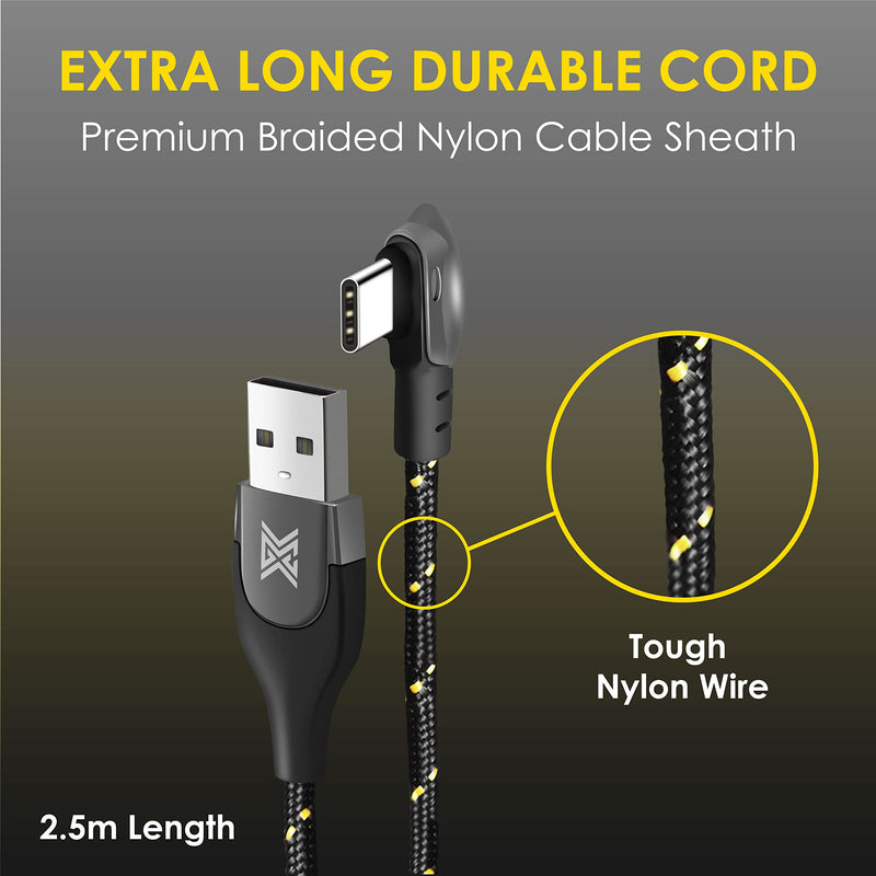 [Australia - AusPower] - MGC Comfort Cable, USB-C to USB-A, 90 Degree Type C Cord, Fast Phone Power Charger, High-Speed Data Charging, Quick Supercharging, Premium Durable Braided Nylon Sheath, Gamer-Friendly USBC, 8.2 ft 8.2 feet / 2.5 meters 