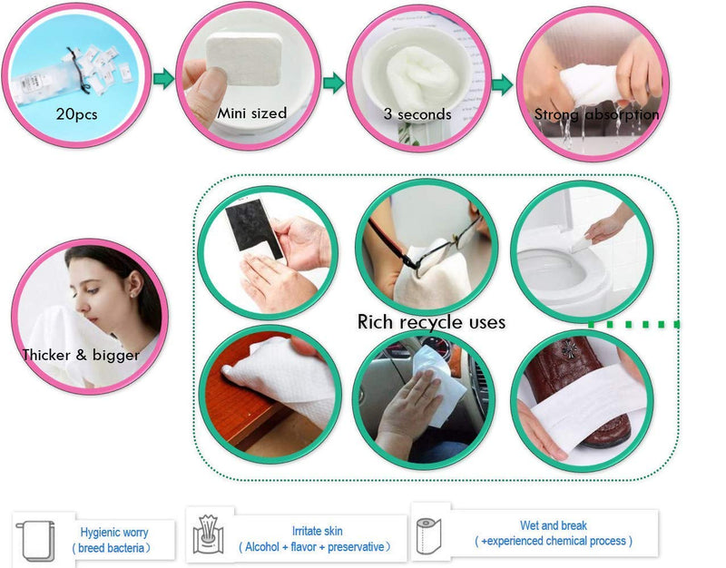 [Australia - AusPower] - Compressed Towels, Travel Towel, Camping Towel, Camping Wipes, Camping Towels, Hiking Towel, Disposable Towels for Demanding Clients Thicker Larger Softer face Hand Towels, 100% Cotton, 20pcs 