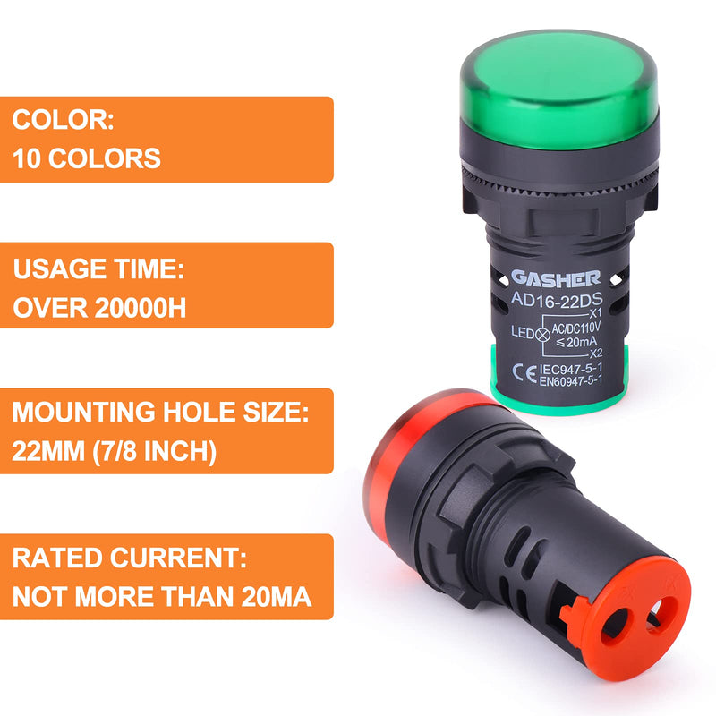 [Australia - AusPower] - GASHER 12V/24V/110V 20mA Energy Saving Indicator Light Mounting Hole Size 22mm (7/8 Inch) Red Green 10 Pcs 24V 10PCS 
