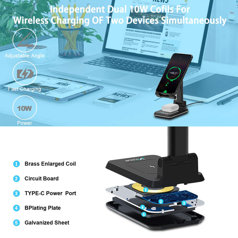 [Australia - AusPower] - 2 in 1 Wireless Charger Adjustable Phone Stand Dual Wireless Charging for Desk Portable Wireless Charger Phone Holder, Cell Phone Wireless Charging Stand for Wireless Charging Phone or Headset 