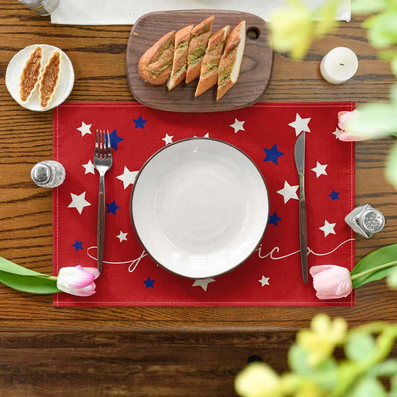 [Australia - AusPower] - Artoid Mode Red Blue Stars America 4th of July Patriotic Memorial Day Placemats for Dining Table, 12 x 18 Inch Summer Seasonal Holiday Rustic Vintage Washable Table Mats Set of 4 