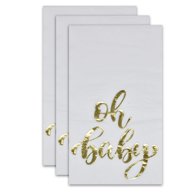 [Australia - AusPower] - 100 Gold Baby Shower Guest Napkins Oh Baby Elegant Dinner Hand Napkin Disposable Paper Pack for Neutral Boy Girl Gender Reveal Party Supplies Powder Room Bathroom Metallic Golden Foil Decorative Towel 